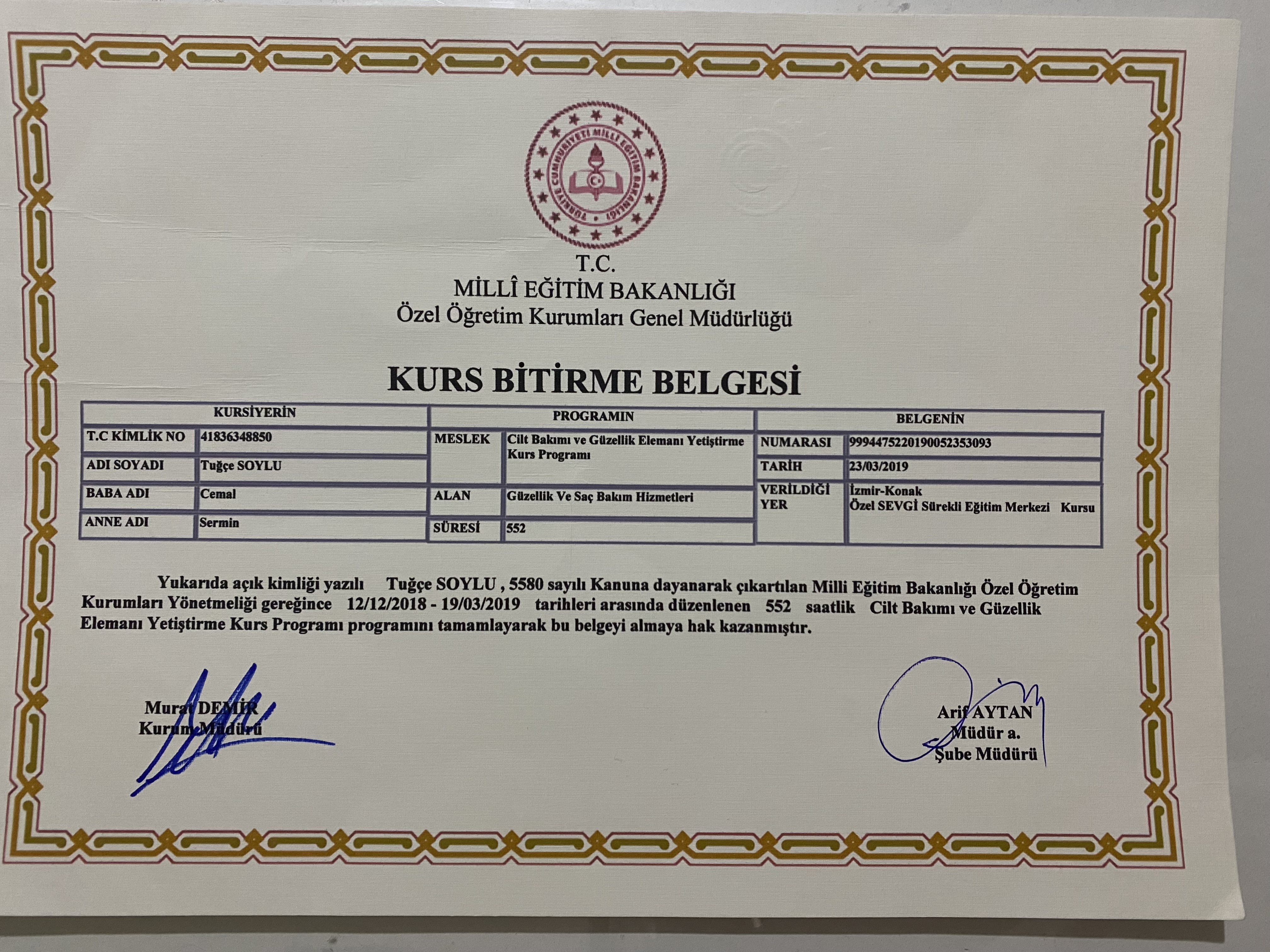 Tuğçe sertifikası