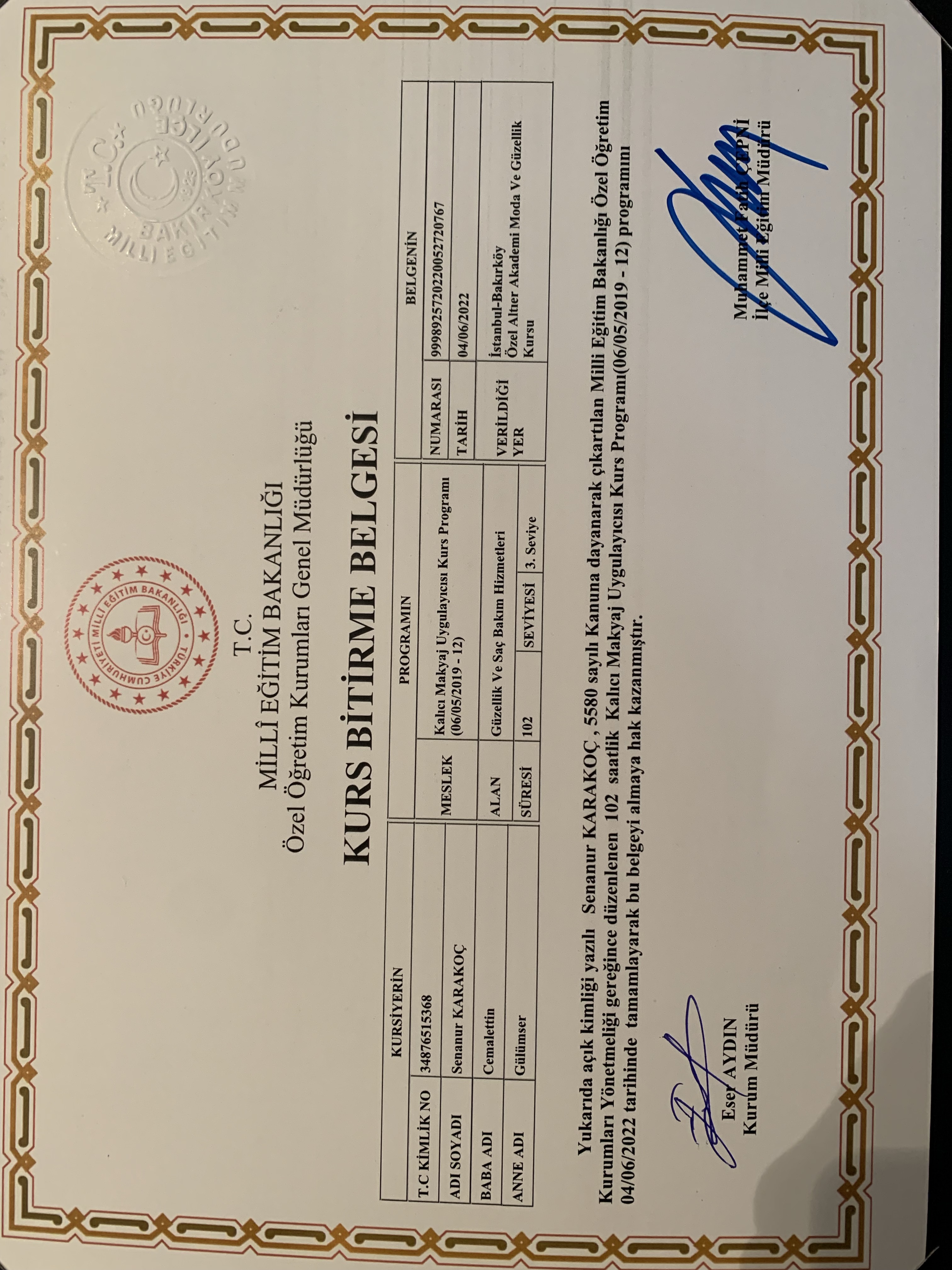 Senanur  sertifikası