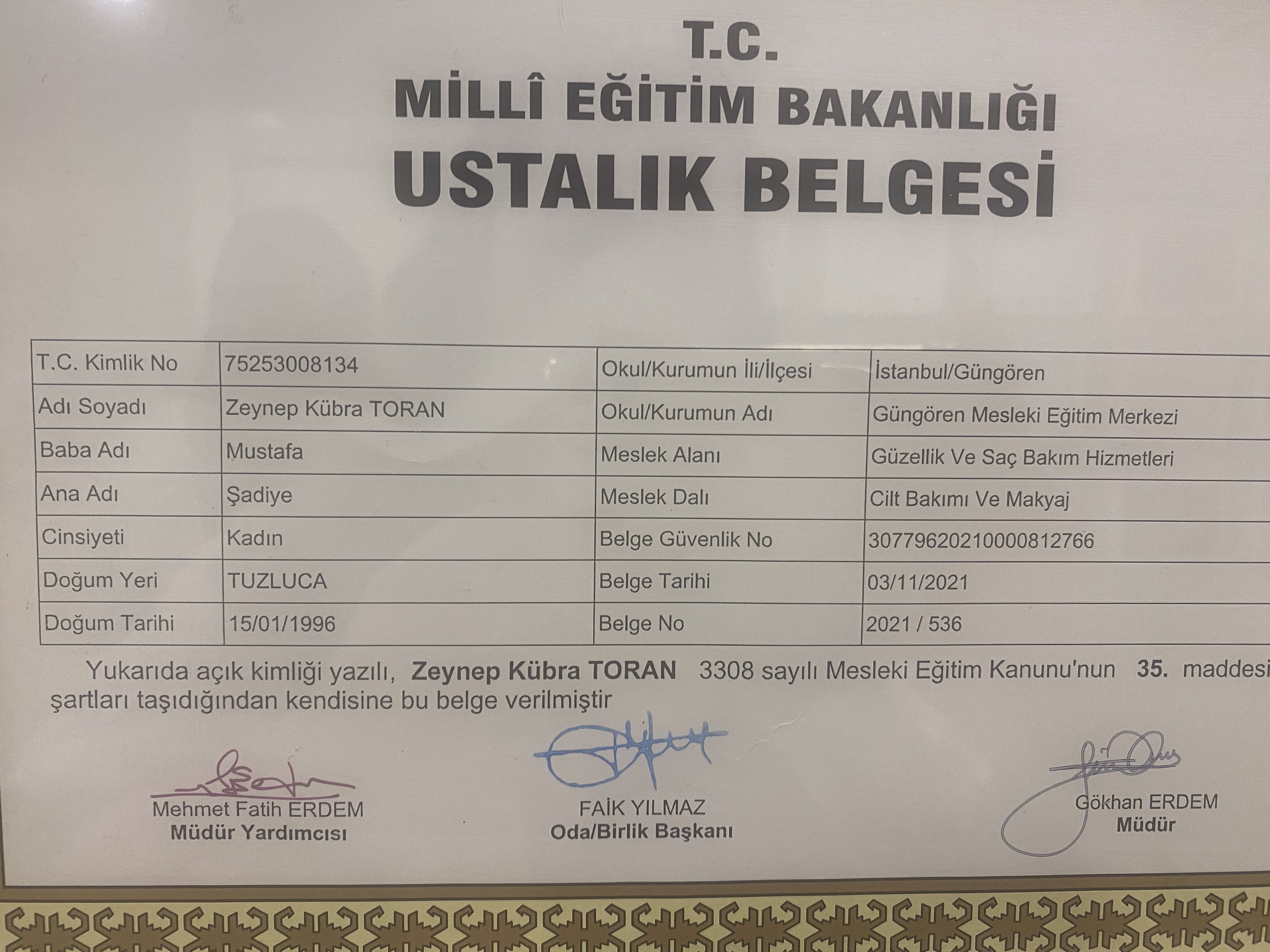 zeynep kübra sertifikası