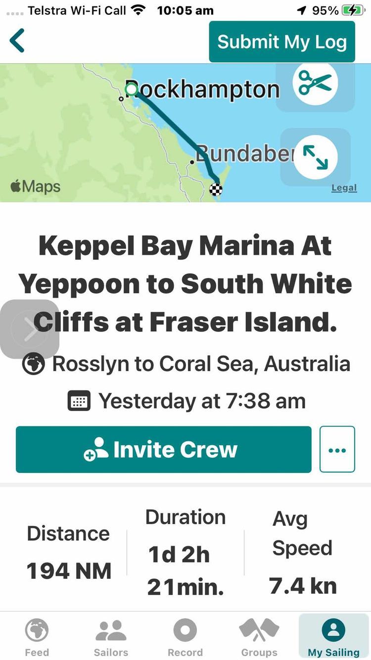 Voyage photo from Keppel Bay Marina At Yeppoon to South White Cliffs at Fraser Island.