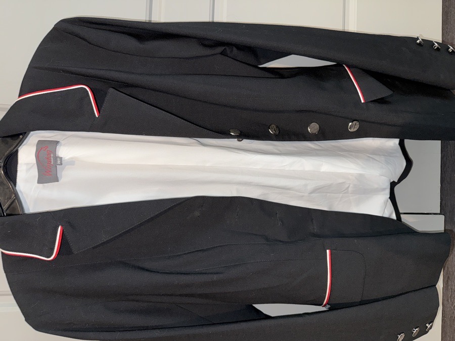 Winston Black Show Jacket with red and white lining on pockets and collar