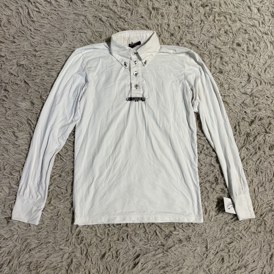 Men’s XS White For Horses Long Sleeve Horseback Riding Show Shirt. Good Cond.